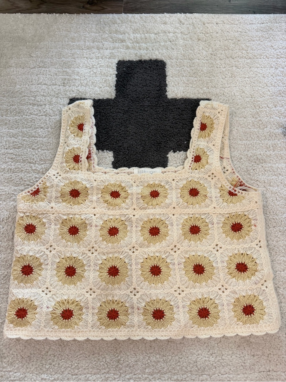 Crochet Square Crop Top in Cream with Tan & Rust Floral Motifs